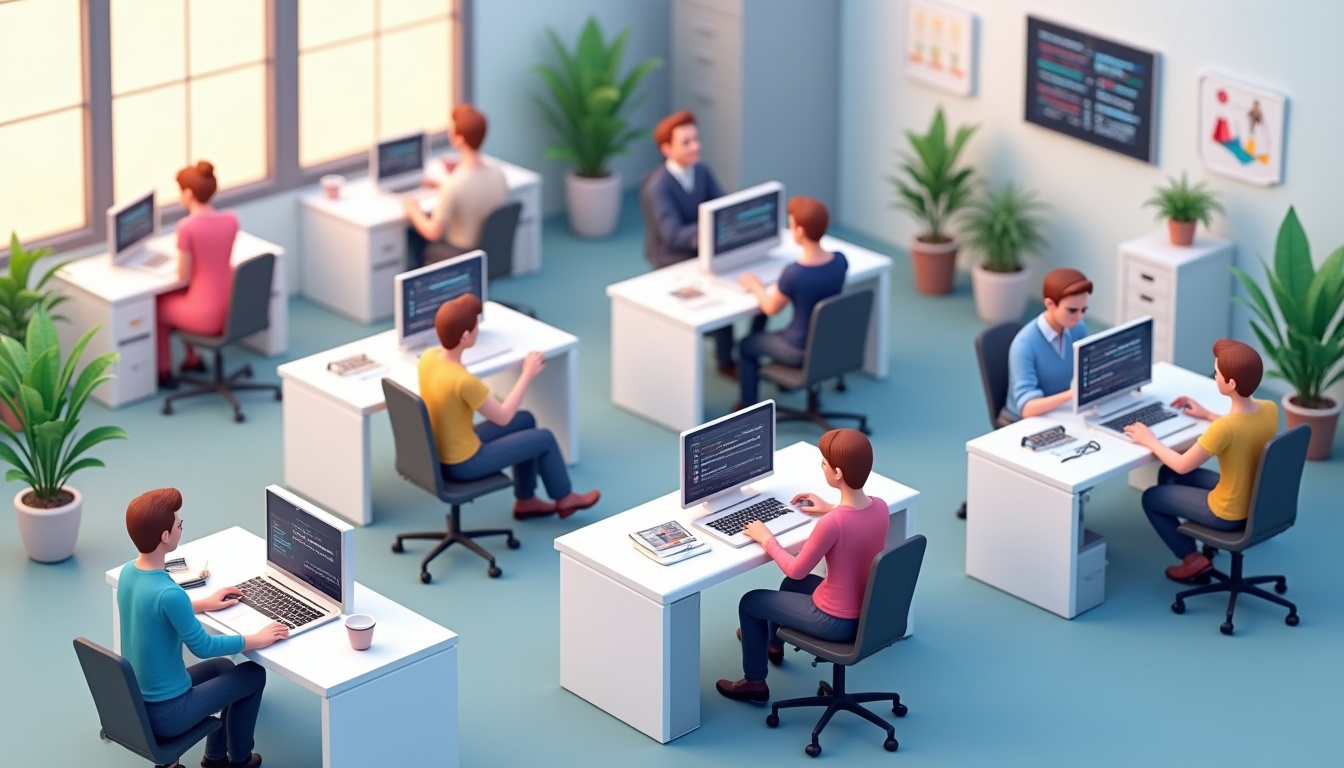 O echipă de experți de la o firmă de creare site lucrează la un proiect web pe laptopuri și tablete.