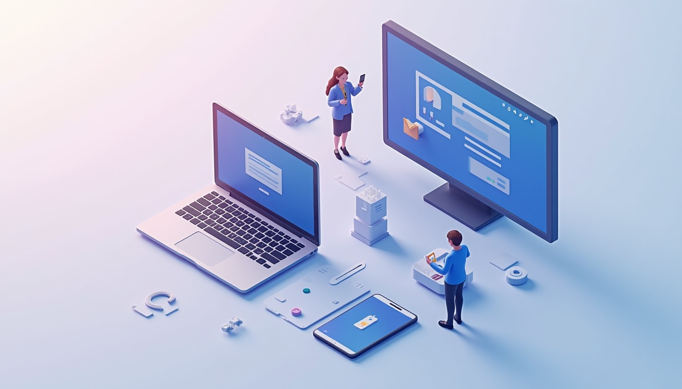Ilustrație digitală reprezentând procesul de creare website profesional, cu elemente de design și cod.